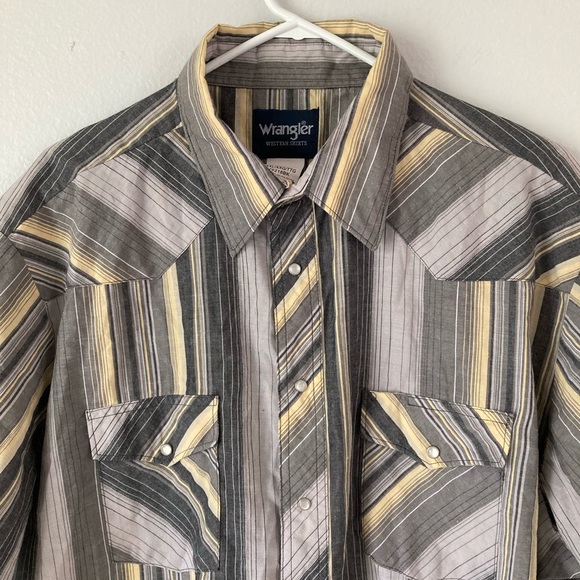 Wrangler Mens 2XL Western Shirt Gray Yellow Striped Short Sleeve Pearl Snap - Picture 3 of 6